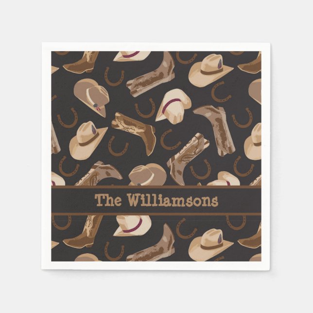 Western Cowboy Boots Hats Brown Black Name Custom Napkins (Front)