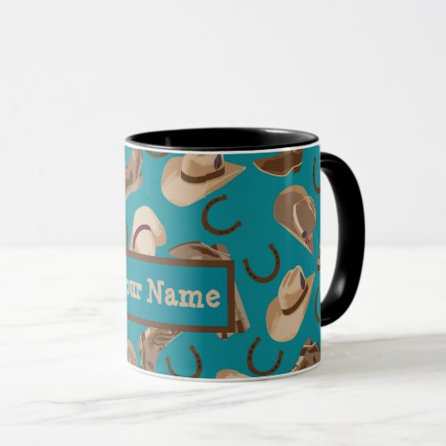 Western Cowboy Boots Hats Teal Name Personalized Mug
