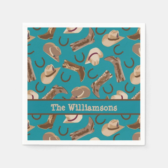 Western Cowboy Boots Hats Turquoise  Name Custom Napkins (Front)