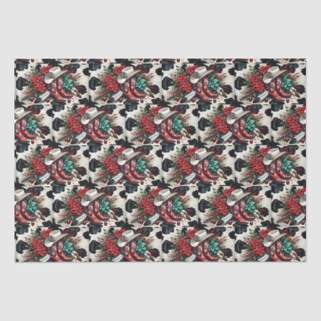Western Cowboy Boots Holiday Floral Cow Hide  Tissue Paper (Front)