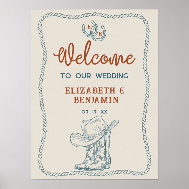 Western Cowboy Boots Horseshoe Wedding Welcome Poster (Front)