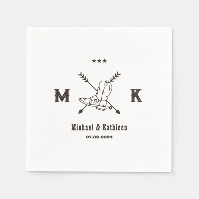 Western Cowboy Boots Monogram Boho Country Wedding Napkins (Front)