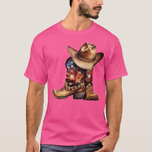 Western Cowboy Boots Patriotic American Usa Flag T-Shirt (Front)