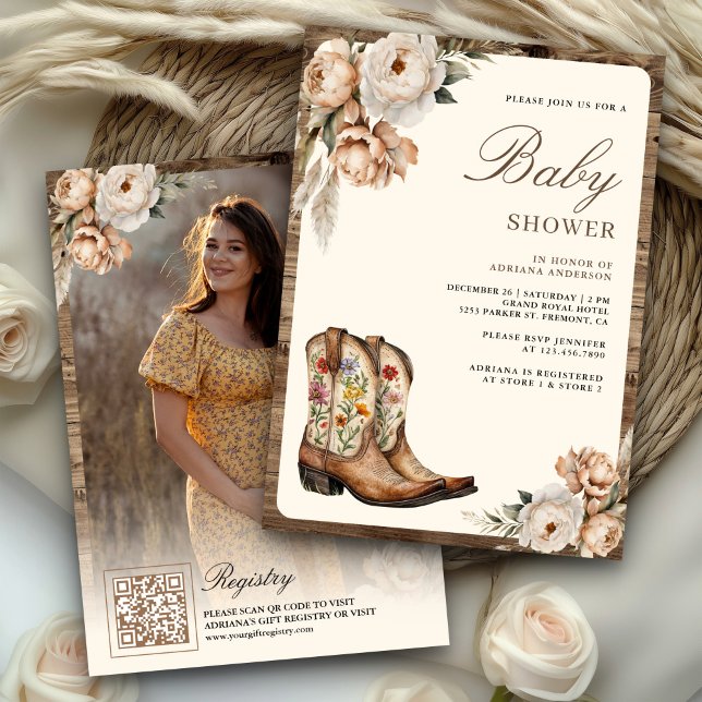 Western Cowboy Boots Photo QR Code Baby Shower Invitation (Creator Uploaded)