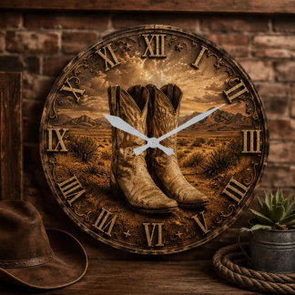 Western Cowboy Boots Ranch Farmhouse Southwest Large Clock