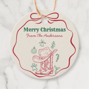 Western Cowboy Boots Retro Hand Drawn Ribbon Bow Favor Tags