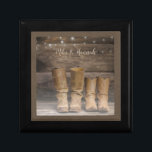Western Cowboy Boots Rustic Barn Monogram Gift Box<br><div class="desc">This fun,  rustic gift box features two pair of cowboy boots and a log cabin wall with string lights. For the western or horse lover. Personalize it with a single name,  or add a couple's names. Created by Simply Farmhouse Press; photo by Melanie Mauer on Unsplash.</div>