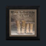 Western Cowboy Boots Rustic Barn Monogram Gift Box<br><div class="desc">This fun,  rustic gift box features two pair of cowboy boots and a log cabin wall with string lights. For the western or horse lover. Personalize it with a single name,  or add a couple's names. Created by Simply Farmhouse Press; photo by Melanie Mauer on Unsplash.</div>