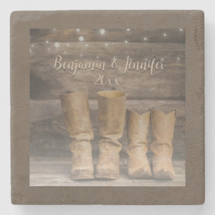 Western Cowboy Boots Rustic Barn Monogram Stone Coaster