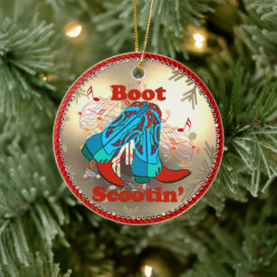 Western Cowboy Boots Scootin Line Dance Christmas Ceramic Ornament