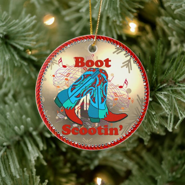 Western Cowboy Boots Scootin Line Dance Christmas Ceramic Ornament (Tree)