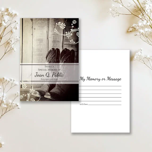 Western Cowboy Boots Share Memory Funeral Memorial Note Card | Zazzle