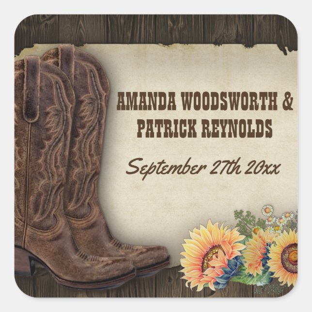 Western Cowboy Boots Sunflower Wedding Favor Square Sticker (Front)