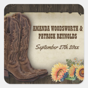 Western Cowboy Boots Sunflower Wedding Favor Square Sticker