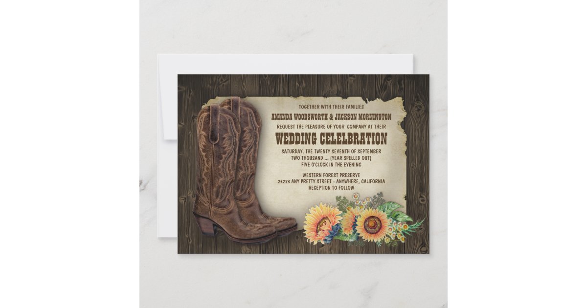 Western Cowboy Boots Sunflower Wedding Invitations | Zazzle
