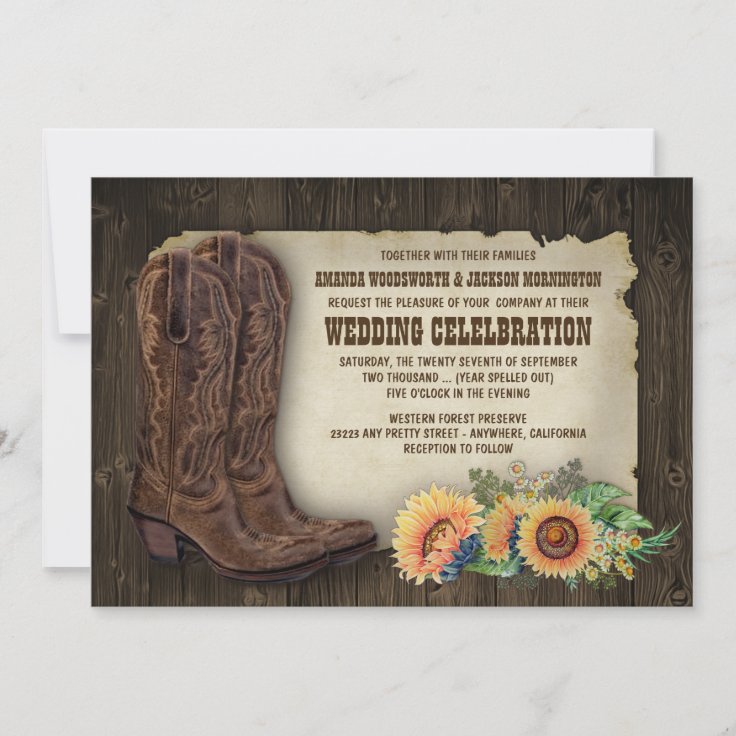 Western Cowboy Boots Sunflower Wedding Invitations | Zazzle