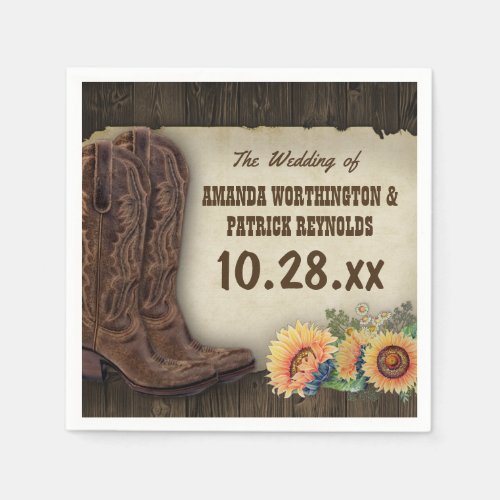 Western Cowboy Boots Sunflower Wedding Napkins