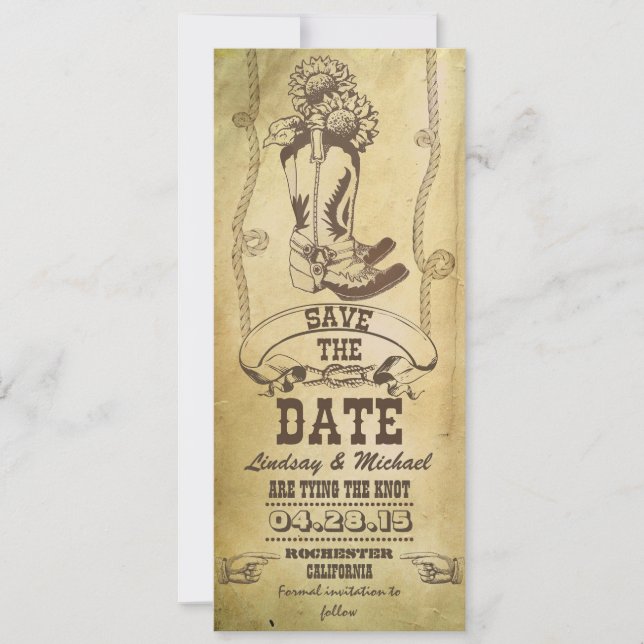 western cowboy boots vintage save the date cards (Front)