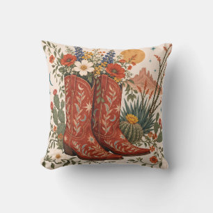 Western Cowboy Boots Wildflowers Throw Pillow