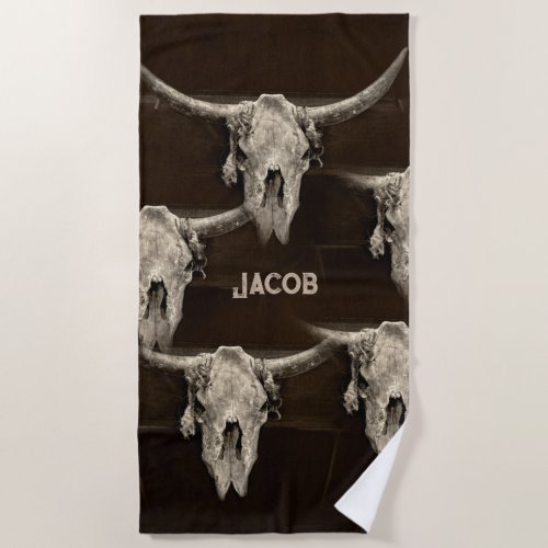 Western Cowboy Brown  Country Vintage Bull Skull Beach Towel