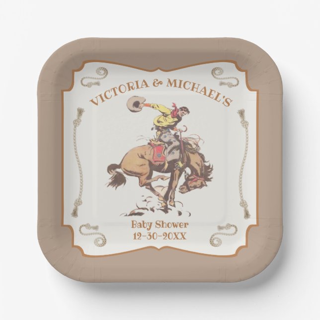 Western Cowboy Bucking Bronco Paper Plates (Front)