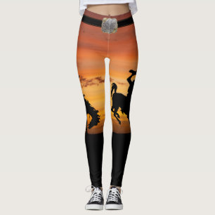 Western Cowboy Bucking Horse Sunset and Belt Leggings