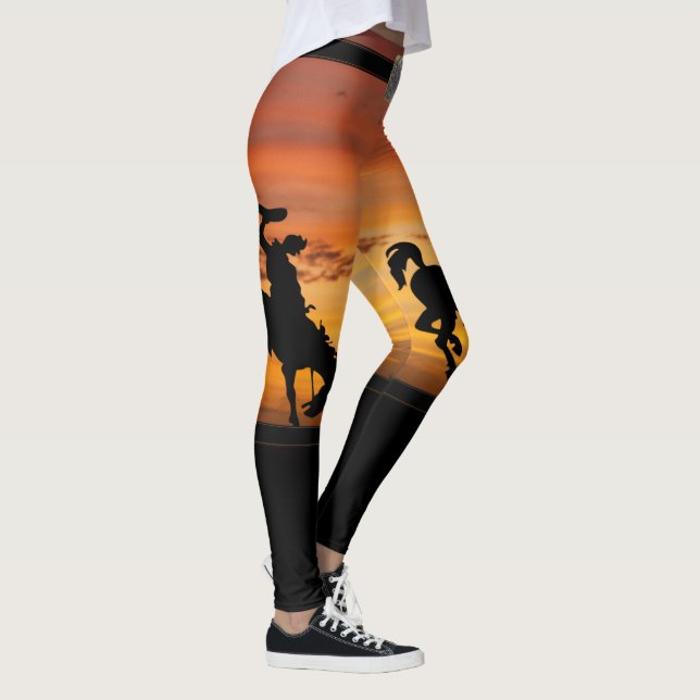 Western Cowboy Bucking Horse Sunset Faux Belt Boot Leggings (Right)