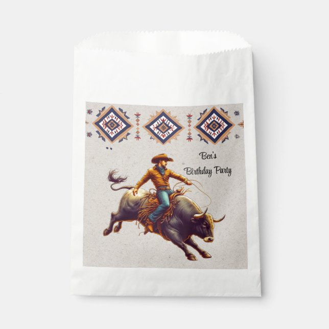 Western Cowboy Bull Rider Aztec Birthday Party Favor Bag (Front)