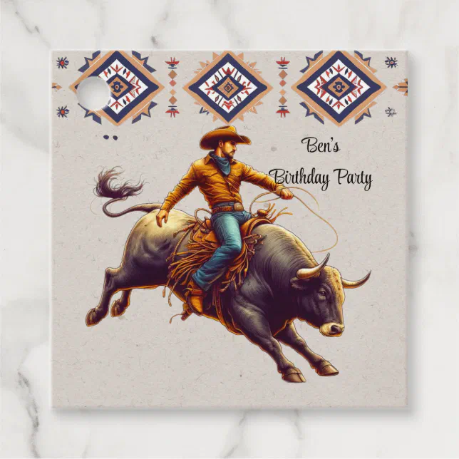 Western Cowboy Bull Rider Aztec Birthday Party Favor Tags | Zazzle