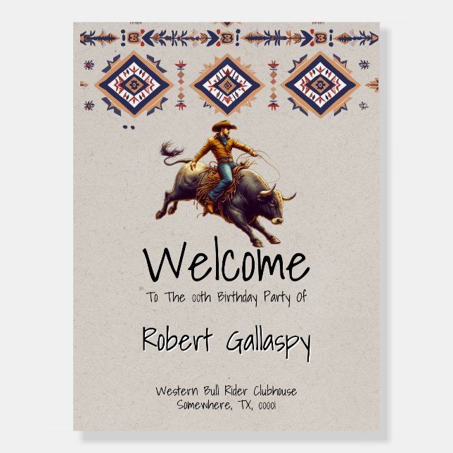 Western Cowboy Bull Rider Aztec Birthday Party Foam Board (Front)