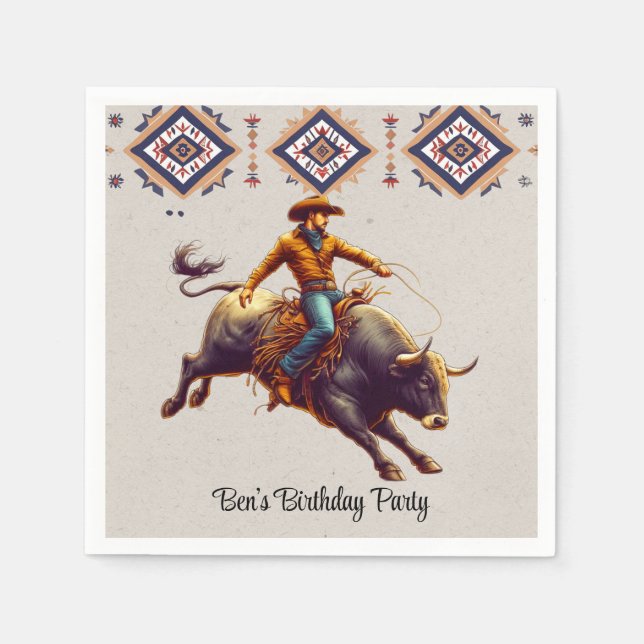 Western Cowboy Bull Rider Aztec Birthday Party Napkins (Front)