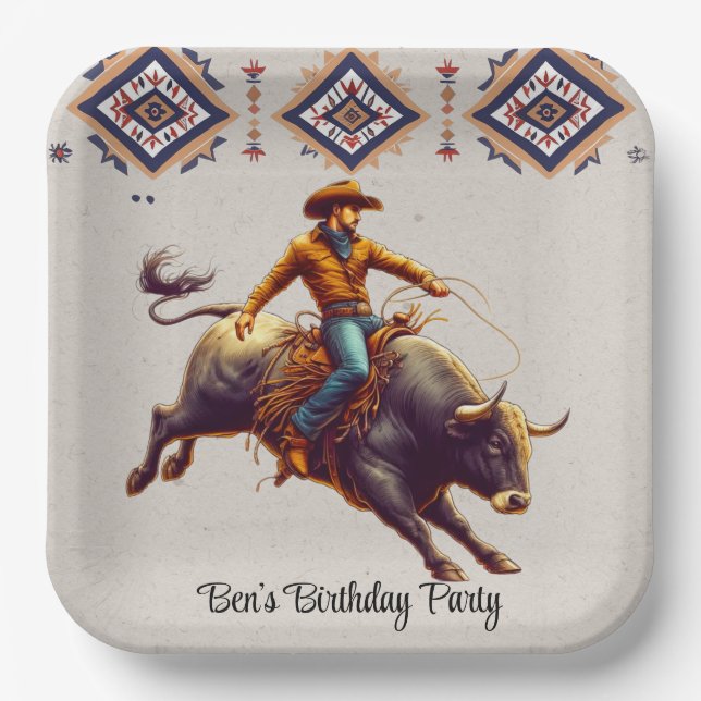 Western Cowboy Bull Rider Aztec Birthday Party Paper Plates (Front)