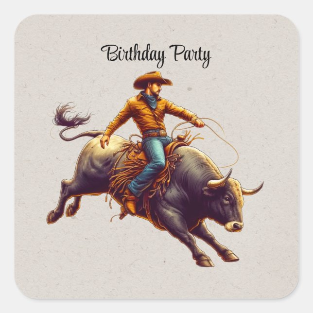 Western Cowboy Bull Rider Birthday Party Square Sticker (Front)