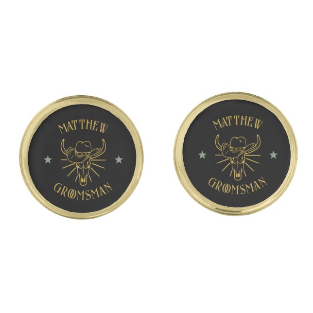 Western Cowboy Bull Skull Logo Black Groomsmen Cufflinks (Front)