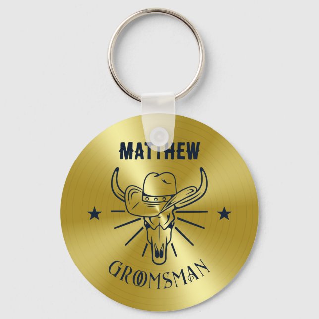 Western Cowboy Bull Skull Logo Gold Navy Groomsmen Keychain (Front)
