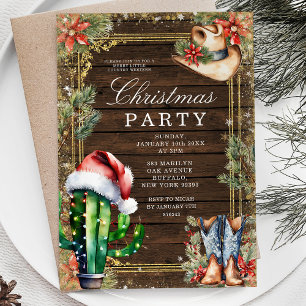 Western Cowboy Cactus Red Floral Christmas Party Invitation