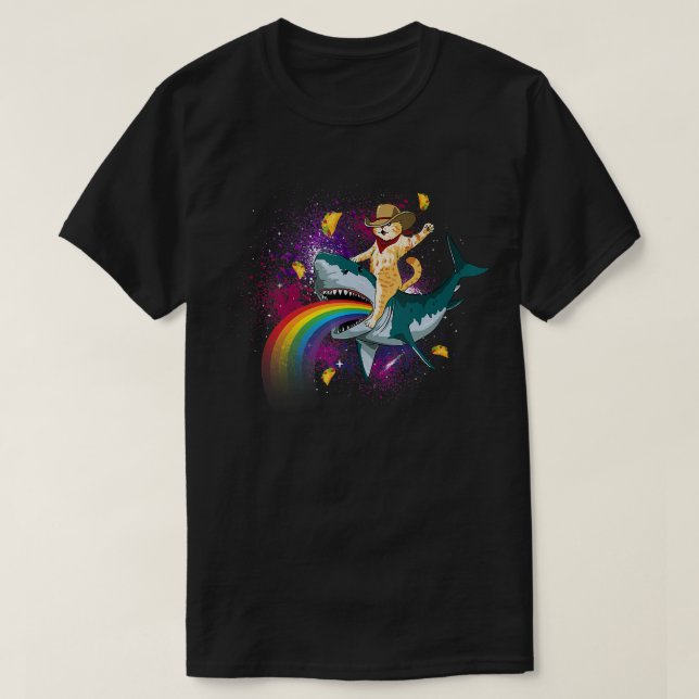 Western Cowboy Cat Riding A Shark In Taco Space Ra T-Shirt (Design Front)