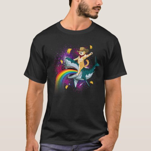 Western Cowboy Cat Riding A Shark In Taco Space Ra T_Shirt