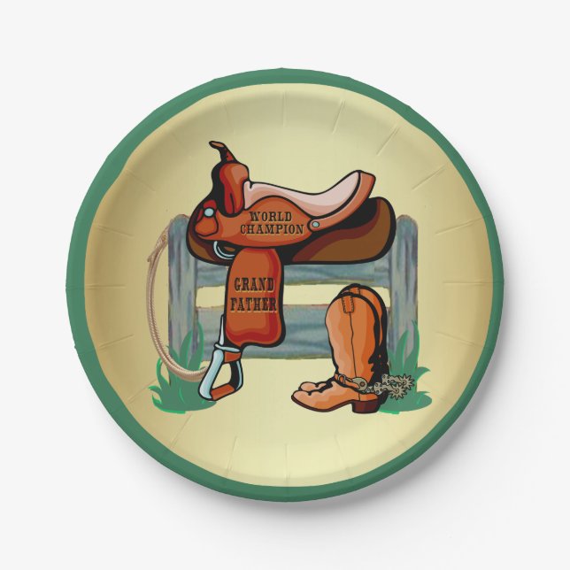Western Cowboy Champion Grandfather Saddle Boots Paper Plates (Front)