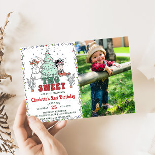 Western Cowboy Christmas Two Sweet Birthday Photo Invitation