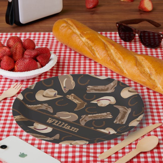 Western Cowboy Cowgirl Boots Hats Brown Black Name Paper Plates (Picnic)
