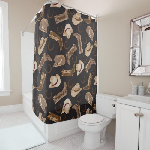 Western Cowboy Cowgirl Boots Hats Brown Tan Black Shower Curtain