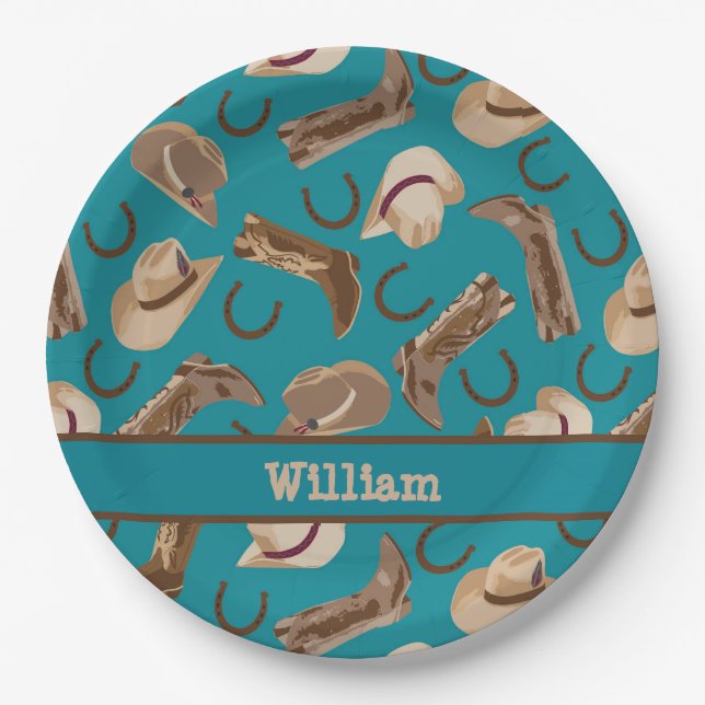 Western Cowboy Cowgirl Boots Hats Turquoise Teal Paper Plates (Front)