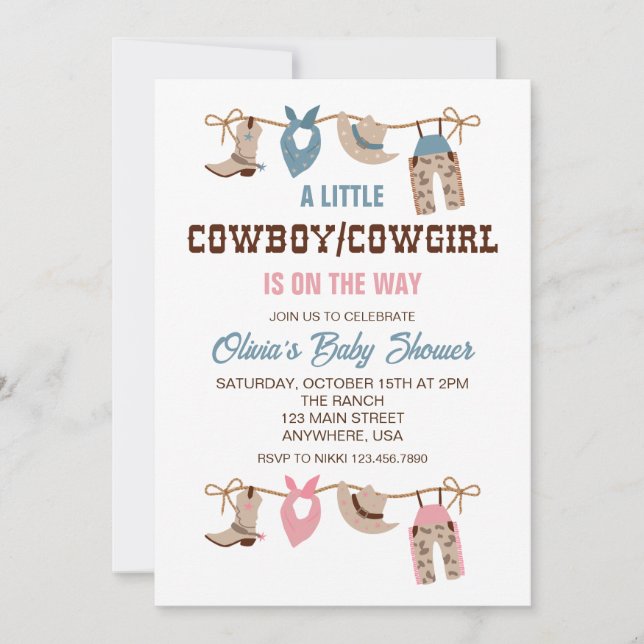 Western Cowboy Cowgirl gender reveal Baby Shower Invitation (Front)