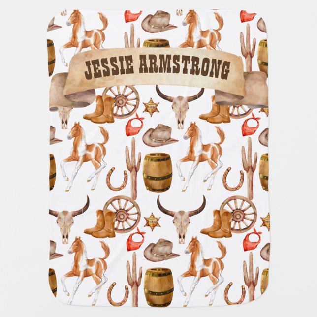 Western cowboy cowgirl horse personalized name  baby blanket (Front)