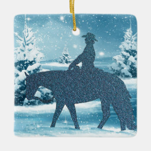 Western Cowboy Cowgirl Horse Winter Snow Scene Ceramic Ornament