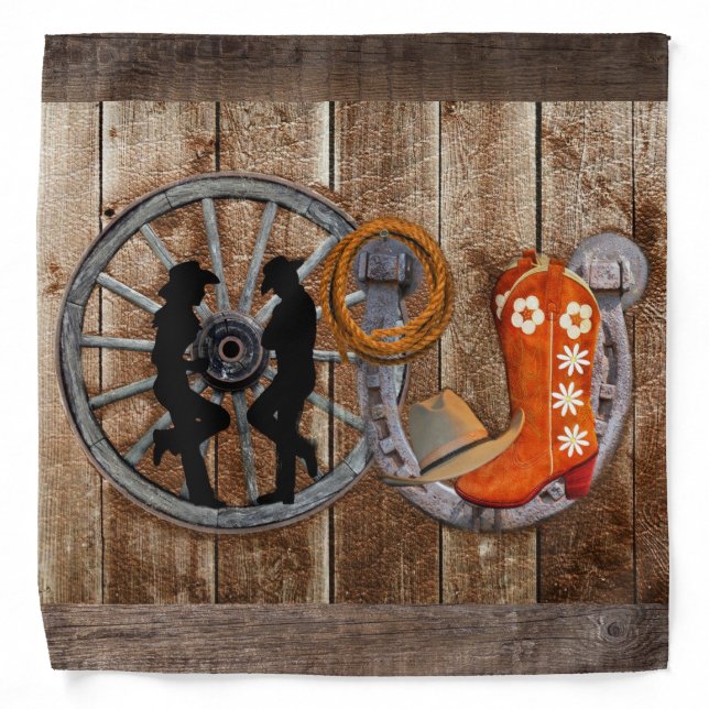 Western Cowboy Cowgirl Horseshoe Wagon Wheel Bandana (Front)