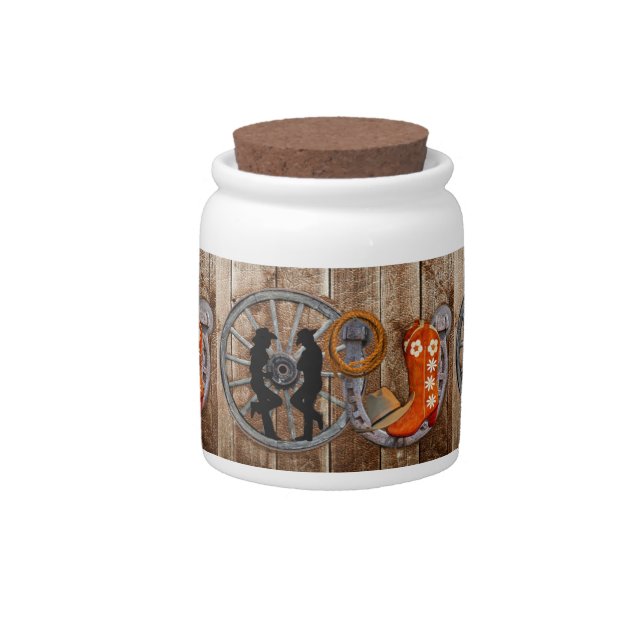 Western Cowboy Cowgirl Horseshoe Wagon Wheel Candy Jar (Front)