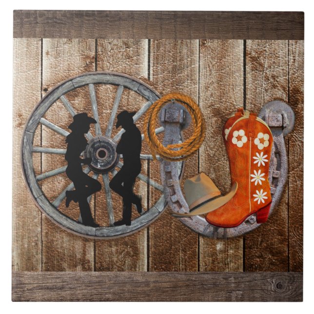 Western Cowboy Cowgirl Horseshoe Wagon Wheel Ceramic Tile (Front)