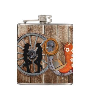 Western Cowboy Cowgirl Horseshoe Wagon Wheel Flask